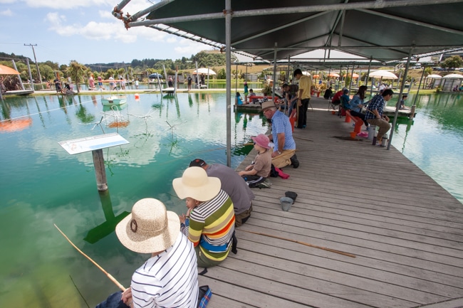 People fish for prawns on a bridge at Huka Prawn Park - Huka Pawn Park